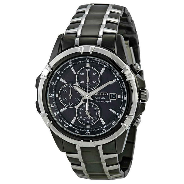 Seiko Men's Solar Alarm Chronograph Stainless Watch - Two-tone Bracelet -  Black Dial - SSC143 