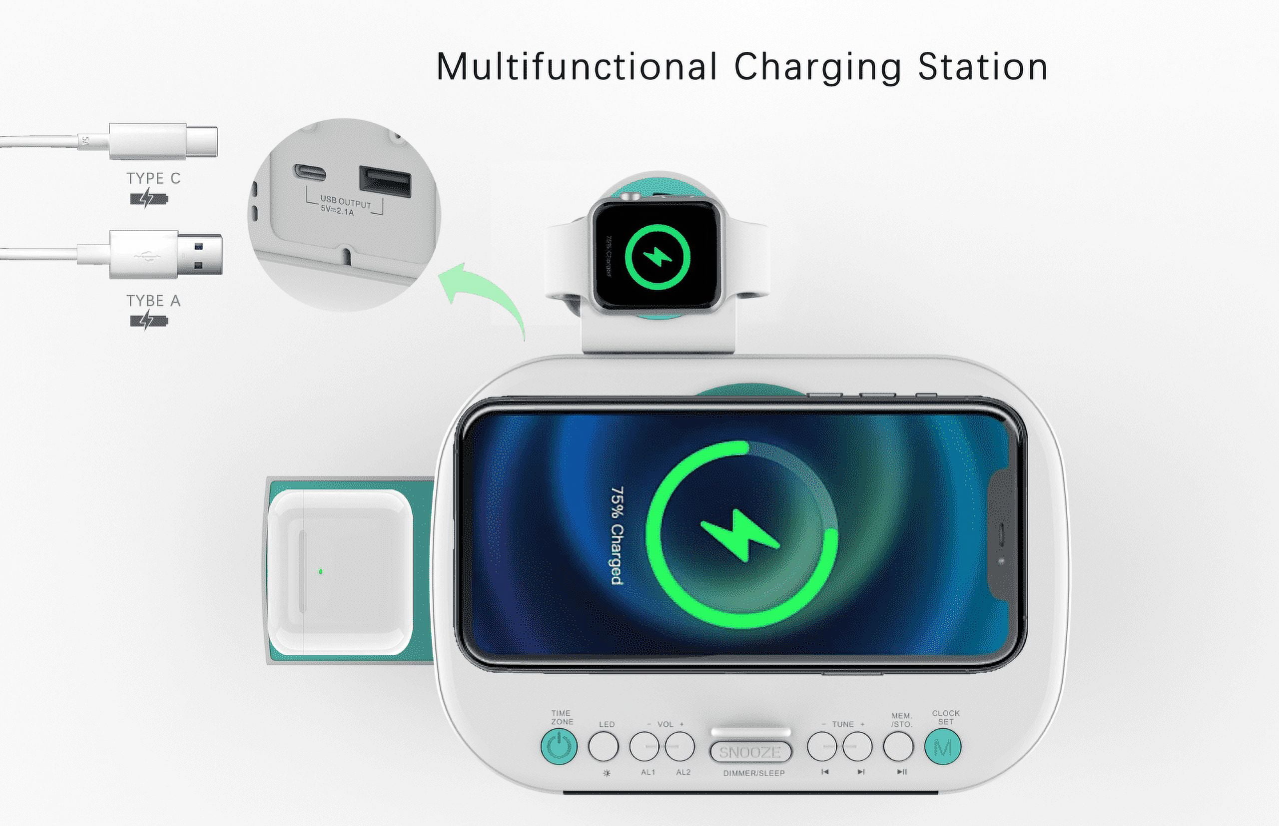 Emerson SmartSet Multiple Wireless Charging, Dual Alarm FM Clock Radio with Bluetooth, Dual USB Charging, 1.2" Cyan LED Display and Décor, CKSW5010