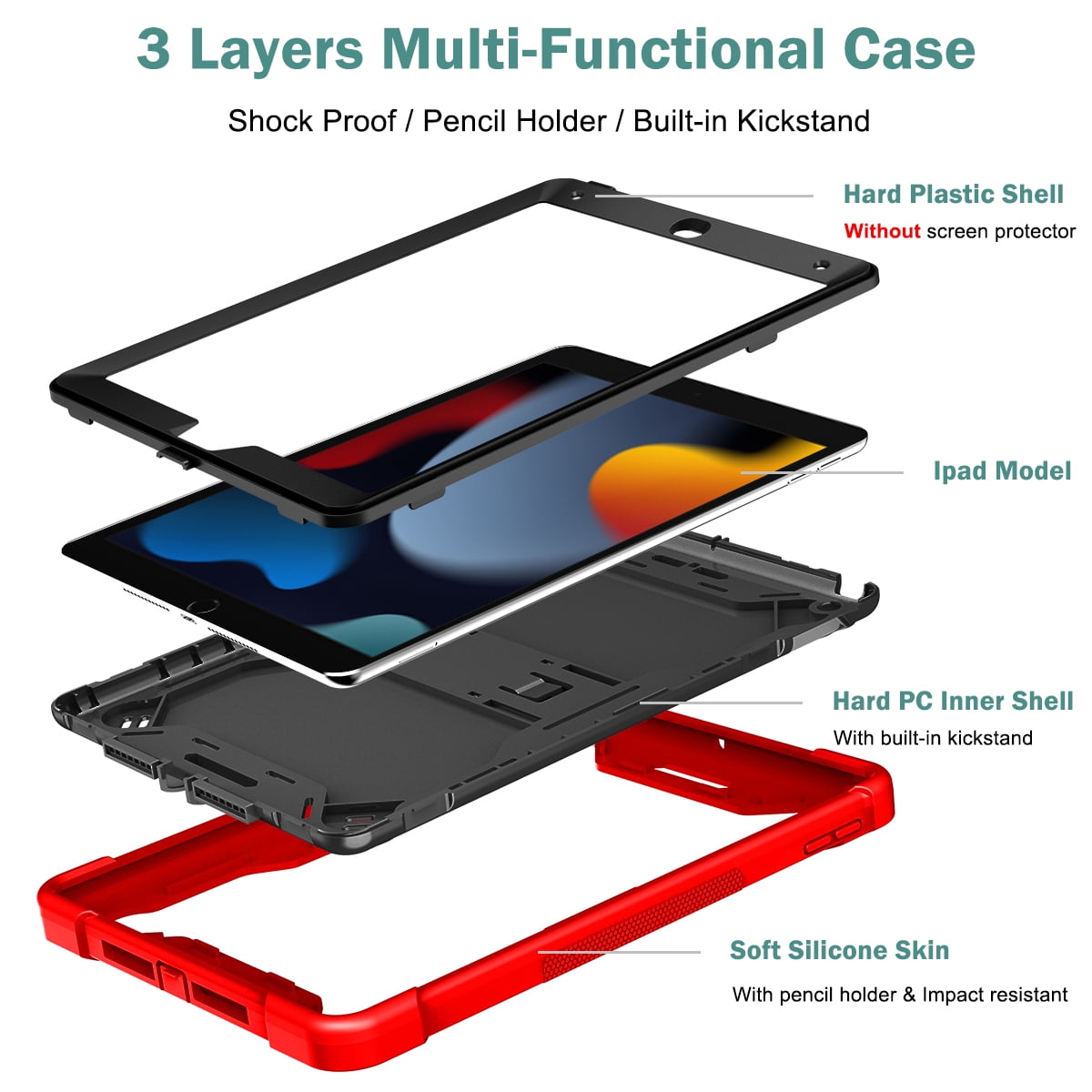 Casetego for iPad 9th/8th/7th Generation 2021/2020/2019(10.2 inch),Heavy Duty Military Grade Shockproof Rugged Protective 10.2" Cover with Built-in Stand for iPad 9 8 7 Gen,Black/Red