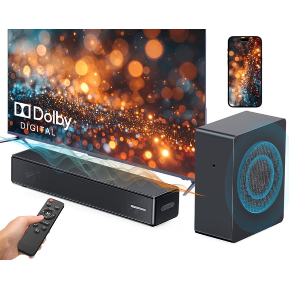 GEOYEAO 2.1 ch Soundbar with subwoofer, Dolby Digital 100W Sound Bars TV Speaker Home Theater Audio Surround Sound System, HDMI eARC/Bluetooth/DSP/Re