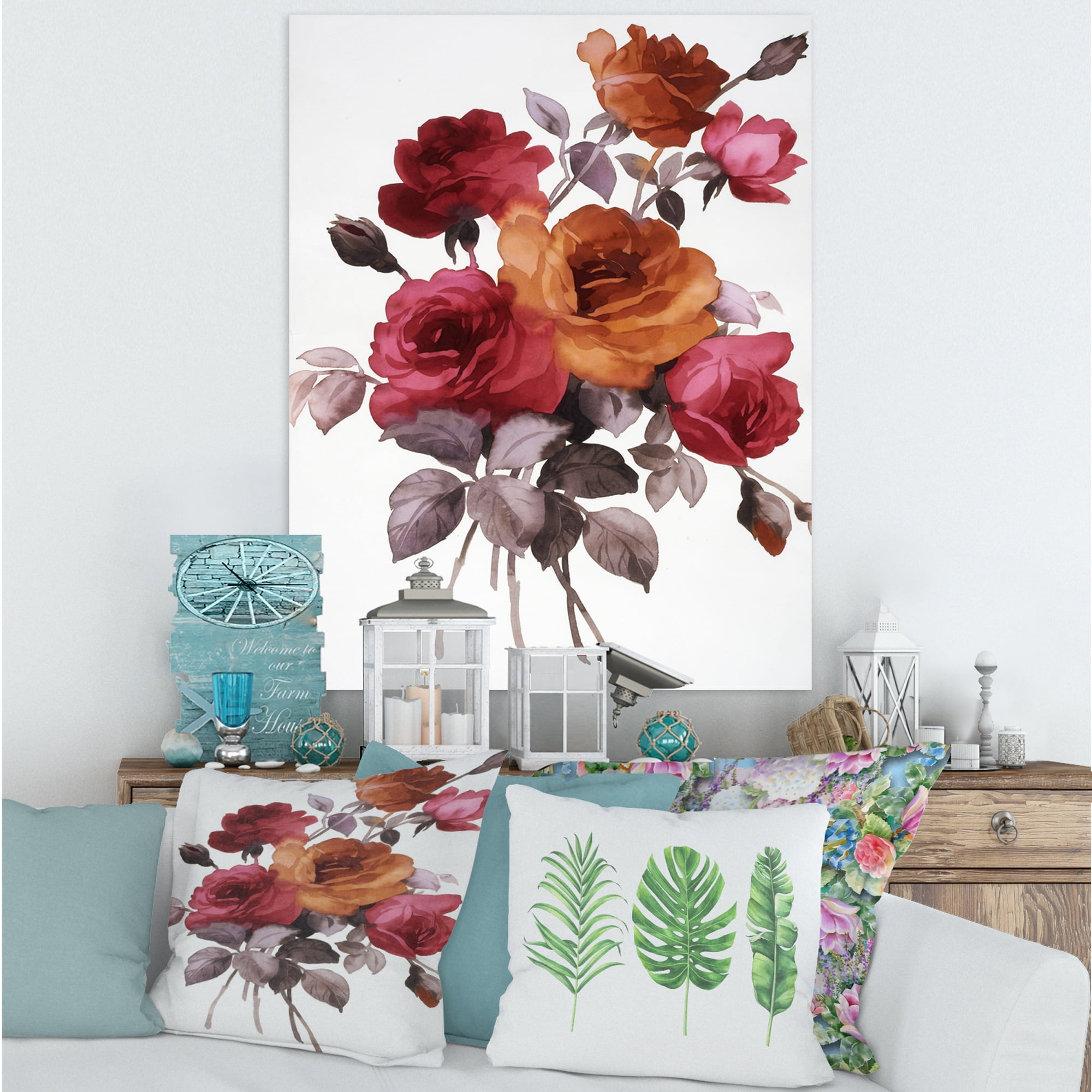 Designart ' Vintage Red and Orange Roses ' Traditional Canvas Wall Art Print
