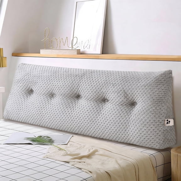 Golyzmt Velvet Soft Triangular Wedge Headboard Pillow – Queen Size 59"x20"x8" Reading Pillow Lumbar Support Cushion with Side Pockets (Machine Washable, Gray)