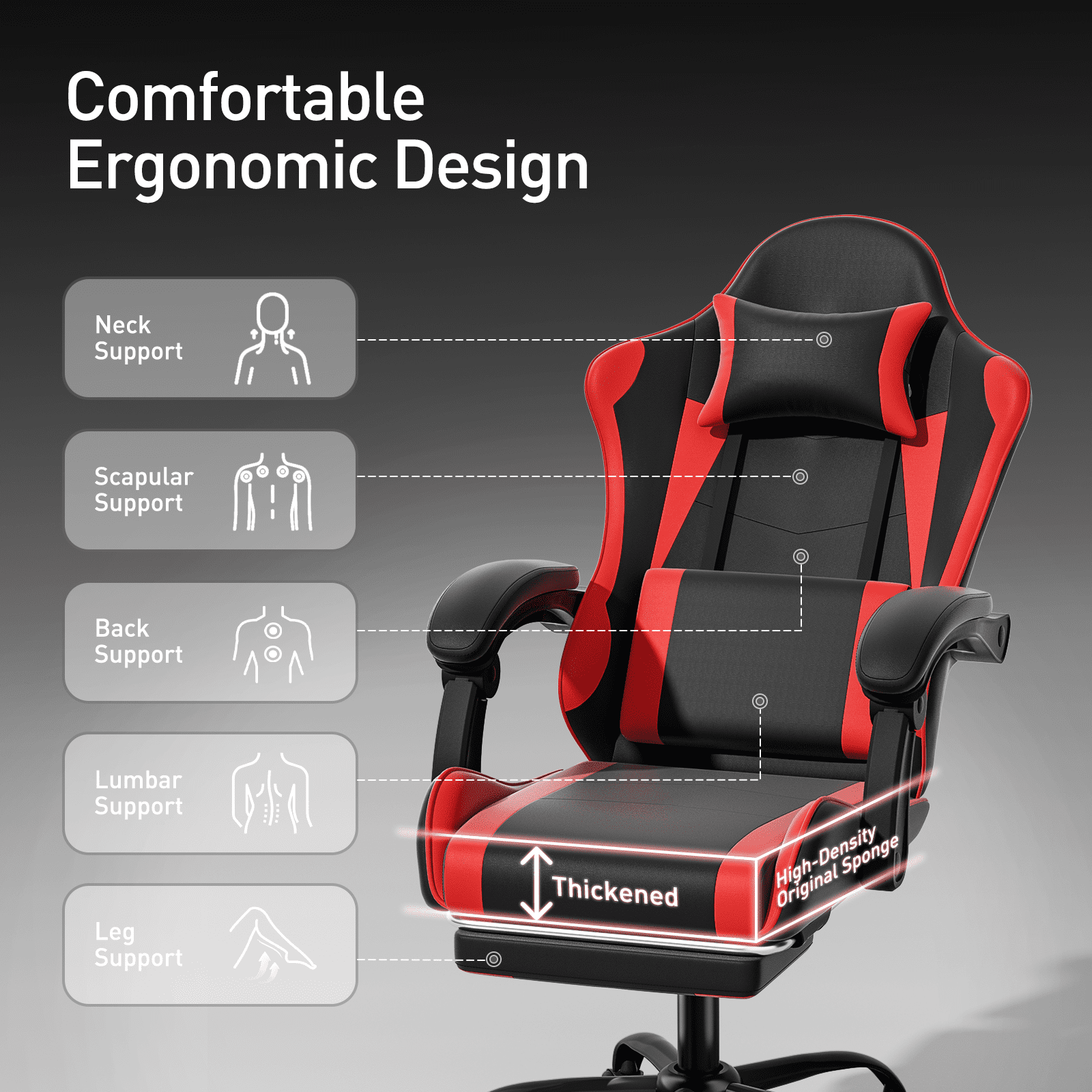 MoNiBloom Ergonomic Gaming Chair with Footrest, Adjustable Headrest and Lumbar Support for Office and Gaming, High-Back Racing Style Computer Desk Chair, Red (Wide Seat)
