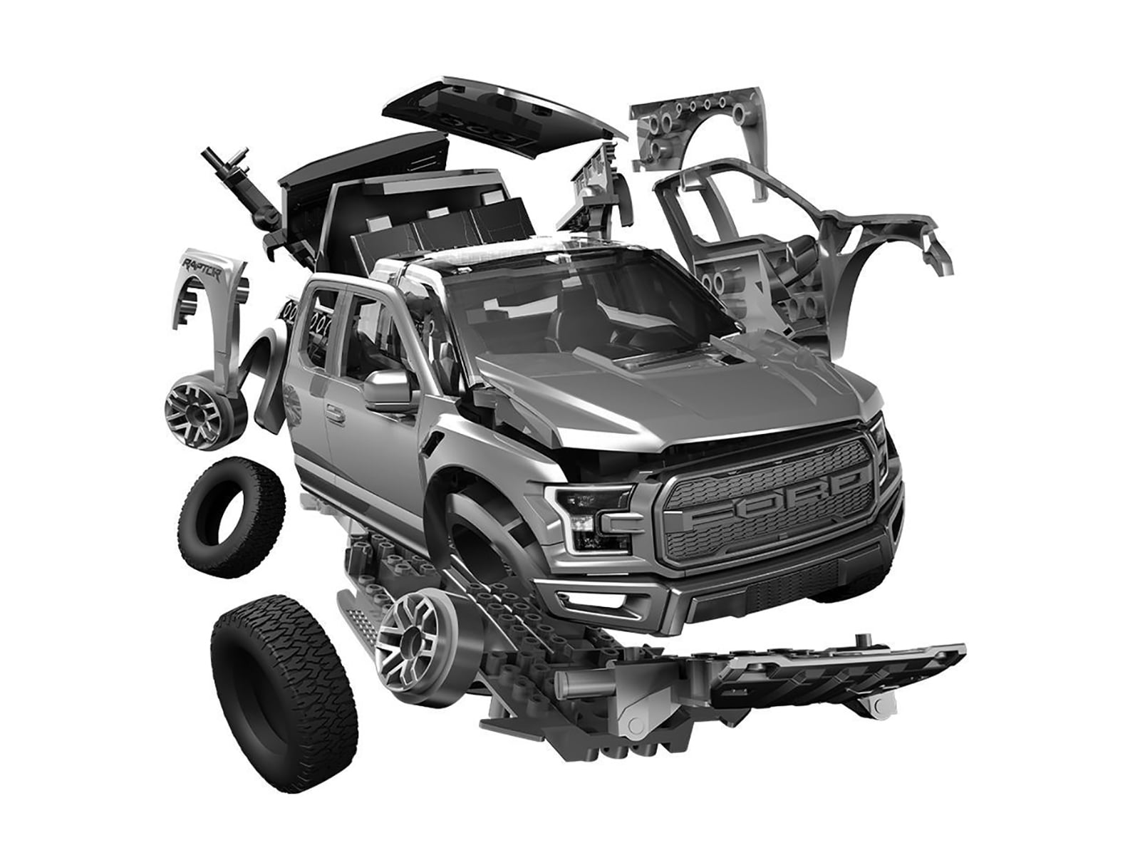 Ford F-150 Raptor Pickup Truck Gray Snap Together (Skill 1) Painted Plastic Model Car Kit by Airfix Quickbuild