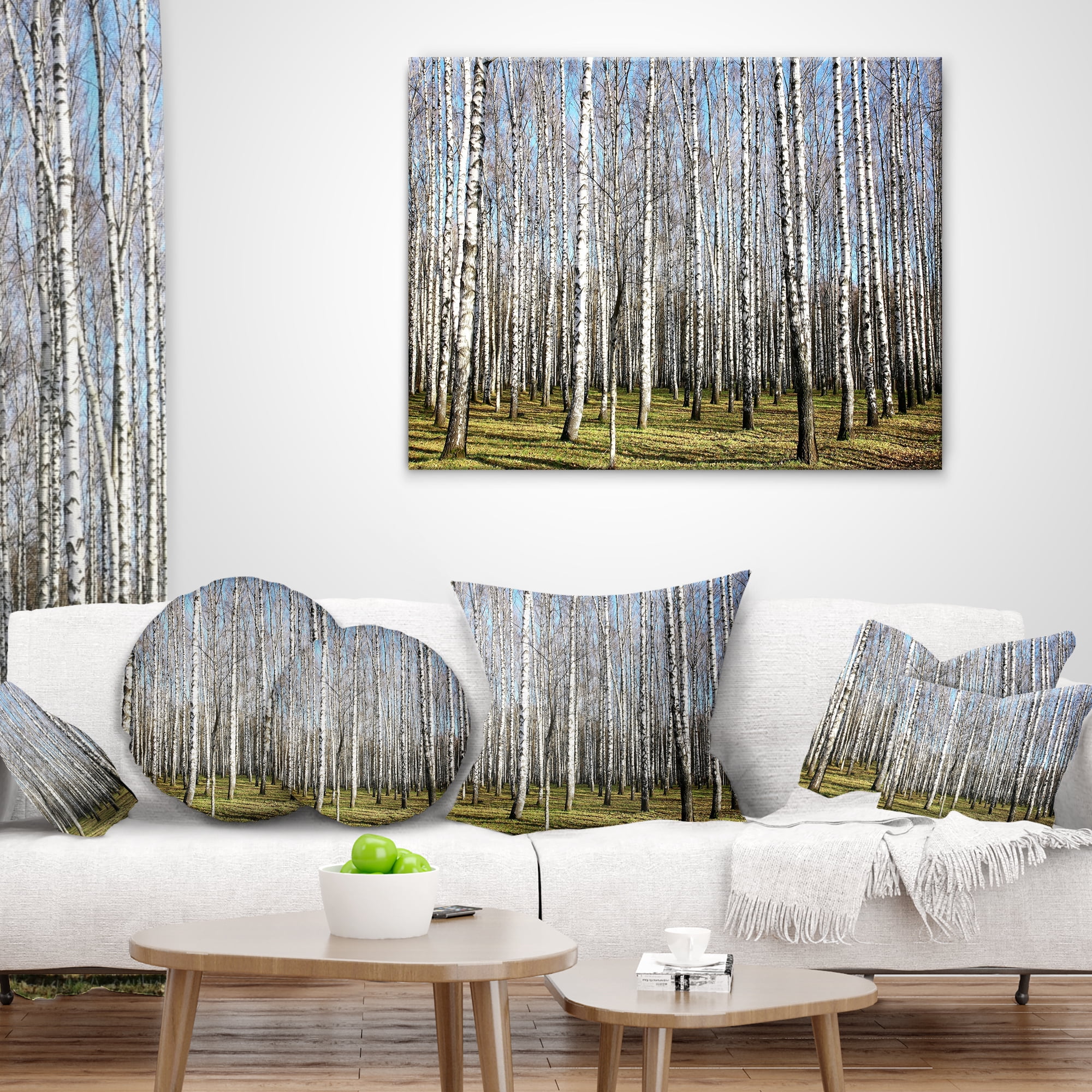 Designart Sunny November Day in Birch Grow - Modern Forest Throw Pillow - 18x18