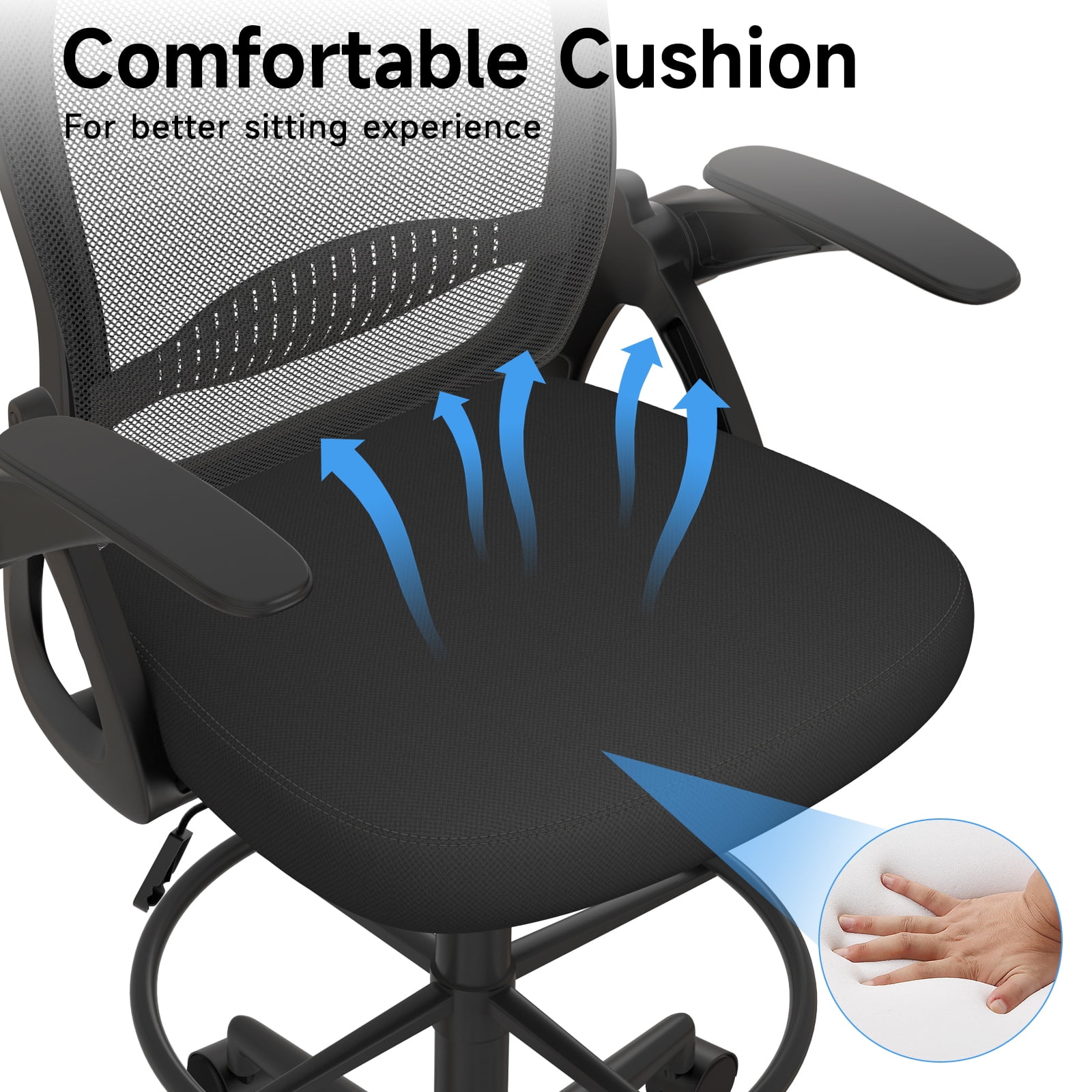 Dryfeedo Drafting Chair, Ergonomic Tall Office Chair with Adjustable Flip-Up Armrests and Footrest, Black