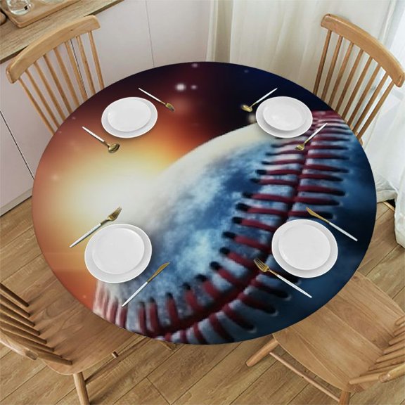 Baseball Planet Round Fitted Table Cloth with Elastic Edge Waterproof Vinyl Tablecloths Wipeable Circle