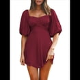 thumbnail image 3 of Vestidos de Verano para Mujer, Cuello Cuadrado, Espalda Anudada, Mangas Farol, Volantes, Vestido Informal de Corte A Vino Tinto M, 3 of 9