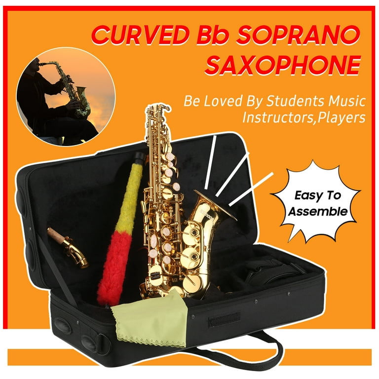 ammoon Bb Soprano Saxophone Gold Lacquer Brass Sax with Instrument Case Mouthpiece Neck Strap Cleaning Cloth Brush for Musicians Beginners