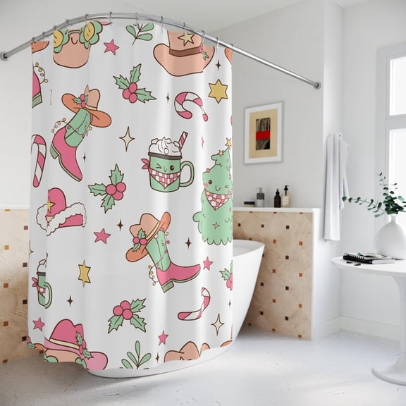 Western Christmas Shower Curtain, Seasonal Bathroom Decor, Cowboy Festive Kawaii Cute Pastel, Housewarming Gift, Fall Decor, Bathroom Decor