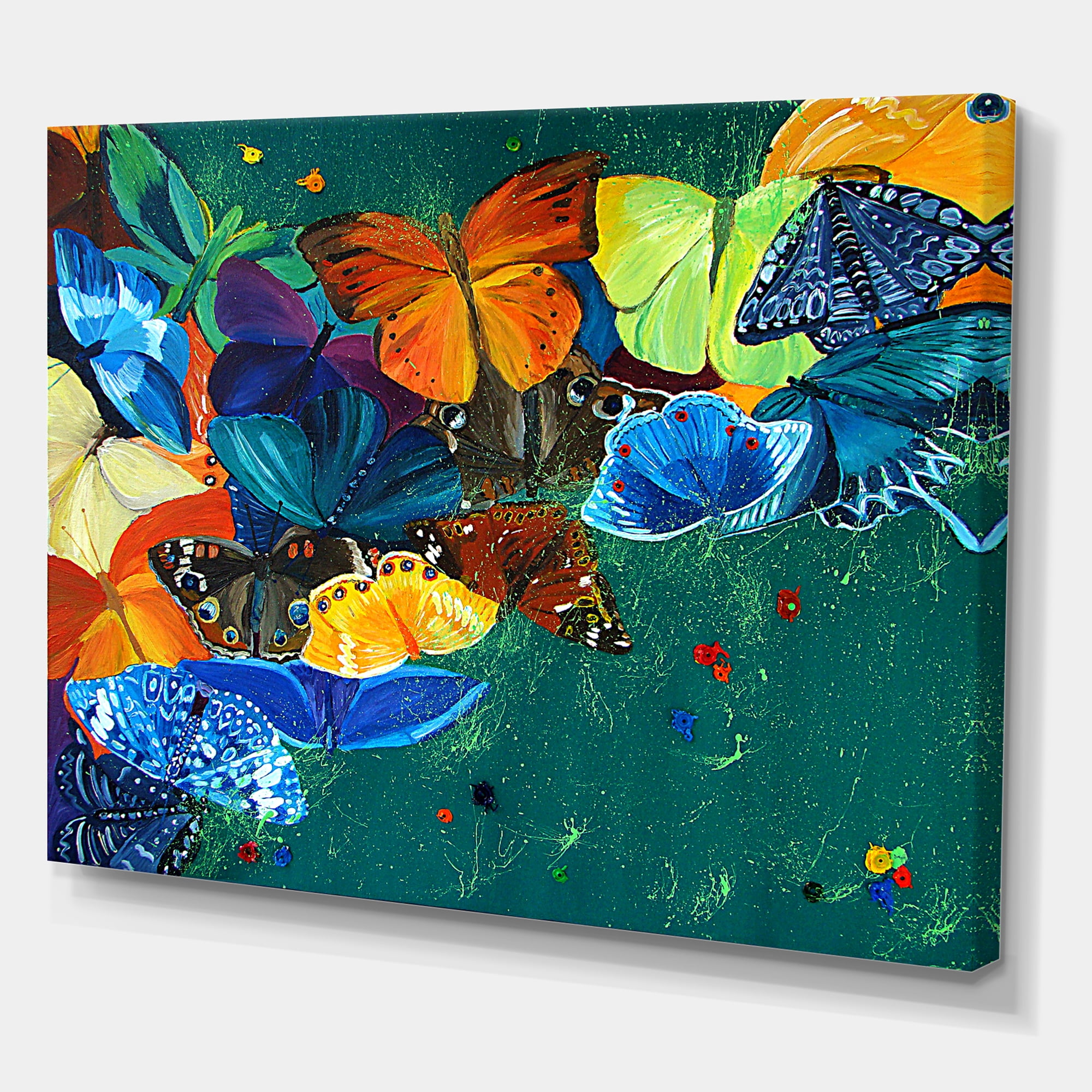 Designart ' Abstract Colour Butterflies On A Gree ' Modern Canvas Wall Art Print