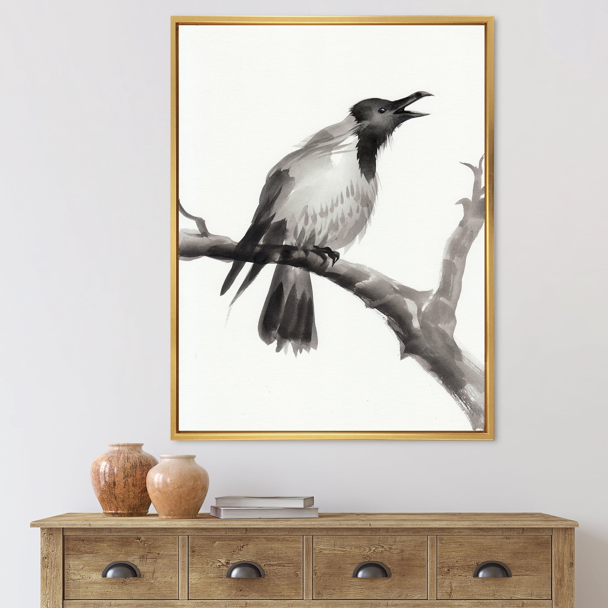 Designart 'Monochrome Crying Crow On A Branch' Traditional Framed Canvas Wall Art Print