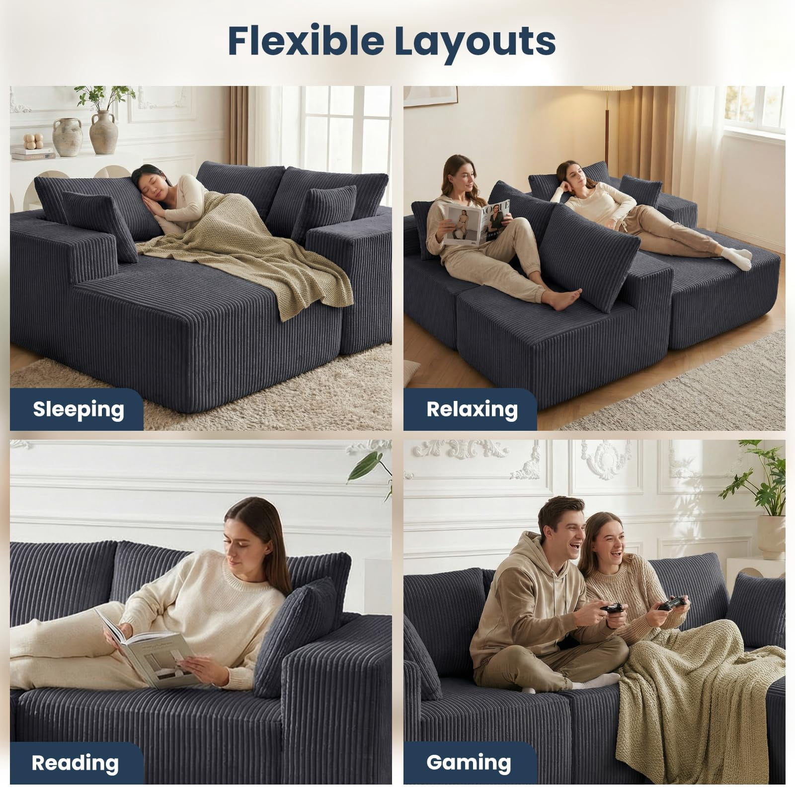 Aukfa 107" Modular Sectional Sofa, Corduroy Upholstered Deep Seat Couch with Right Chaise, Convertible Sleeper, Dark Gray