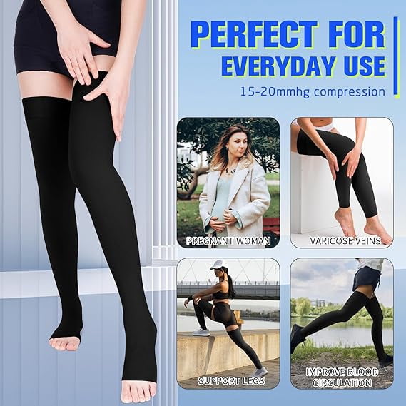 MecTo 15-20mmHg Open Toe Compression Stockings Medical Thigh High Compression Socks for Running Nursing Sports Veins( Black, L)