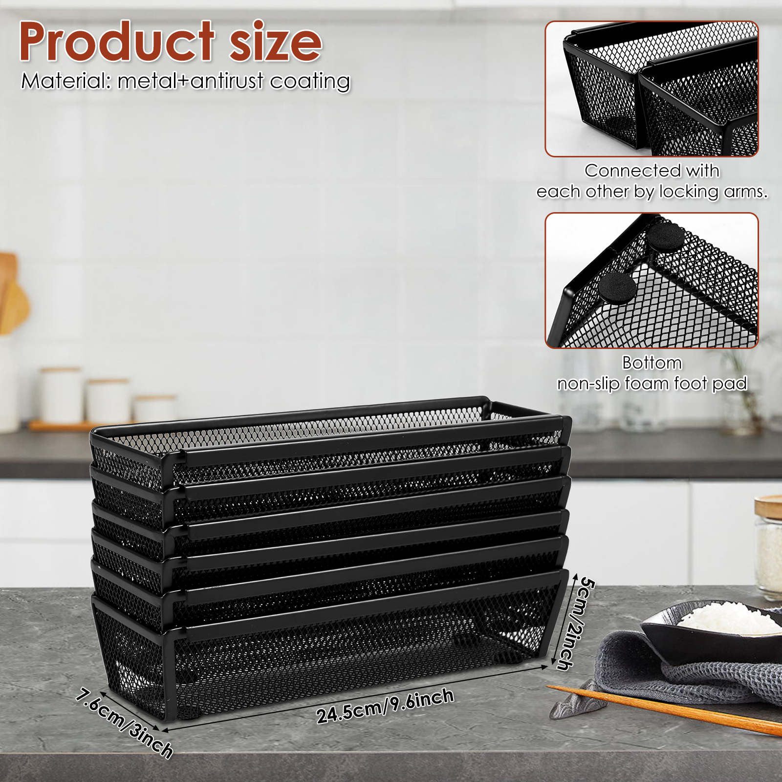 6 Pcs Drawer Organizer with Interlocking Arm Metal Utensil Mesh Drawer Organizer Nonslip Utensil Organizer Breathable Silverware Drawer Organizer for Kitchen 9.6x3x2inch Black