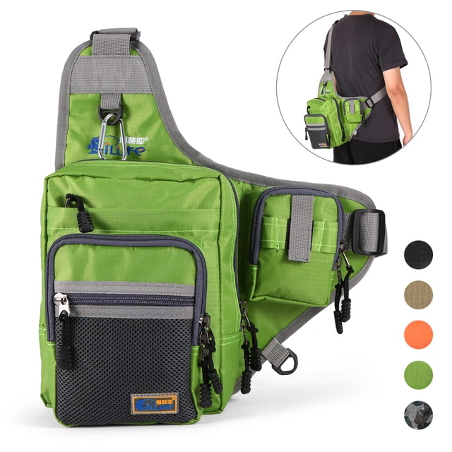 Graflsoa Sac de Pêche en Toile Imperméable avec Sangle Réglable, Multiples Poches, Options Vert/noir/orange, 32x39x12cm, Compagnon de Pêche Léger et Durable