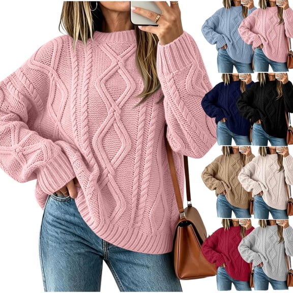 Tusihei Women Oversized Cable Knit Sweater Long Sleeve Chunky Pullover Tops Casual Fall Winter Cozy Knitwear Loose Fit Sweaters for Women, Pink XL
