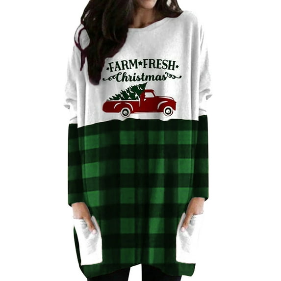 Gvmfive Women Christmas Round Neck Dress Long Sleeve Letter Pritned Tops Blouse with Pocket