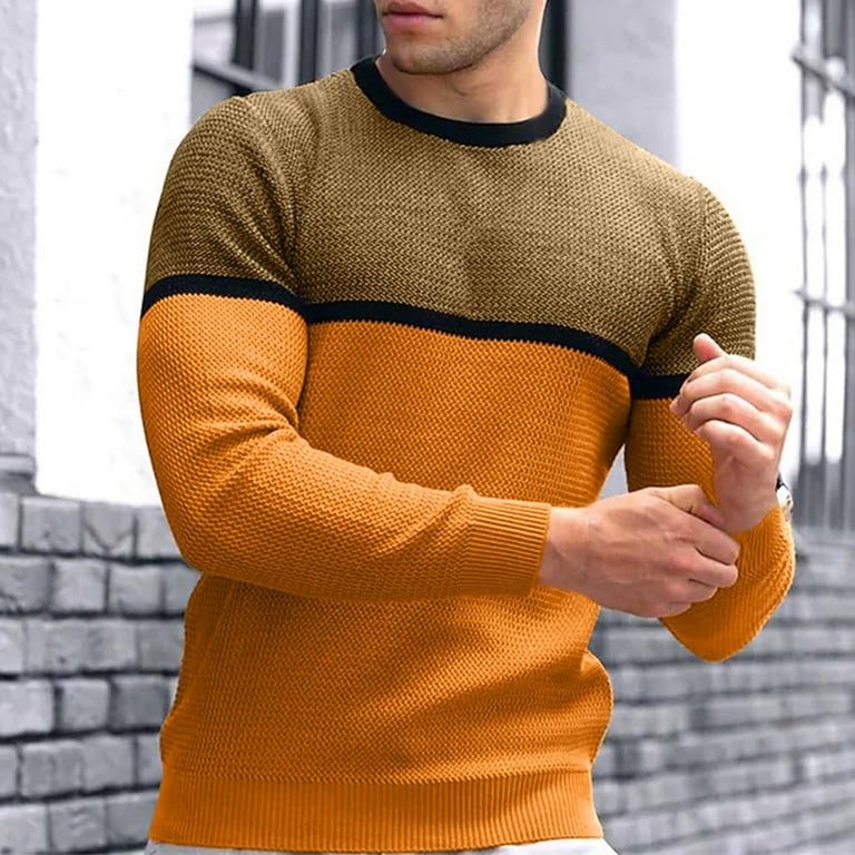 YYDGH Men's Waffle Sweater Long Sleeve Lightweight Classic Fit Sweater  Casual Crewneck Color Block Pullover Tops(Yellow,M) 