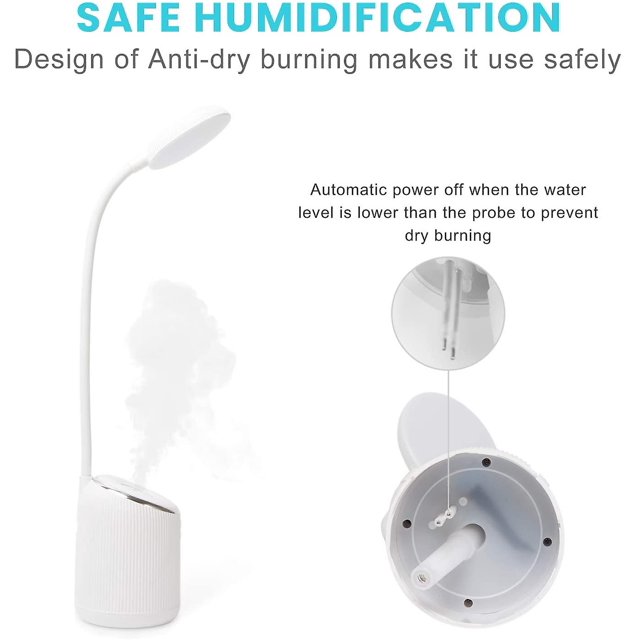 Lámpara de escritorio LED con humidificador Estudio de lectura Lámpara de computadora Purificador de aire Usb Recargable Ajustable Silencioso Anti-secado Niebla (blanco) Feliz Sencillez