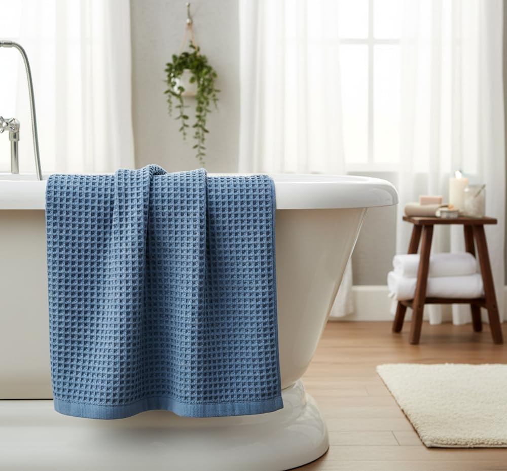 DEMMEX Organic Cotton Waffle Weave Turkish Towel Set for Bathroom, 100% OEKO-TEX Certified Super Soft Turkish Cotton, Lightweight & Quick Dry, 1 Bath & 2 Large Hand Towels, 30x60/20x30 in, Slate Blue
