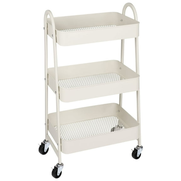 MCQ Metal Rolling Cart, 3 Tier Utility Mobile Storage Cart with Lockable Caster Wheels, Organizer Cart Storage Shelves for Livingroom, Bathroom, Kitchen, White