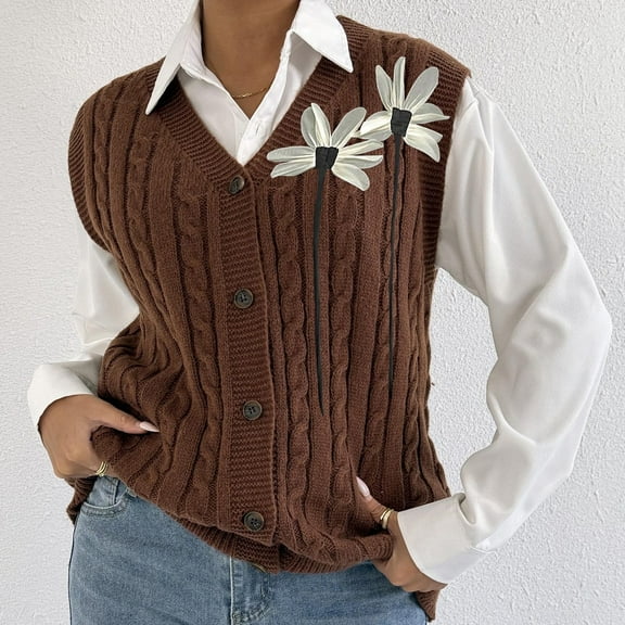 Heisall Womens Vests Spring Fall Casual Layered Cable Knit Sweater Vest with 3D Floral Applique Tops