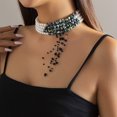 thumbnail image 2 of NICKSUN Women Multi‑Layer Choker Necklace, White Imitation Pearl & Green‑Black Speckled Beaded Collar with Floating Black Bead Tassel, Gothic Statement Neck Jewelry for Party Costume, 2 of 7