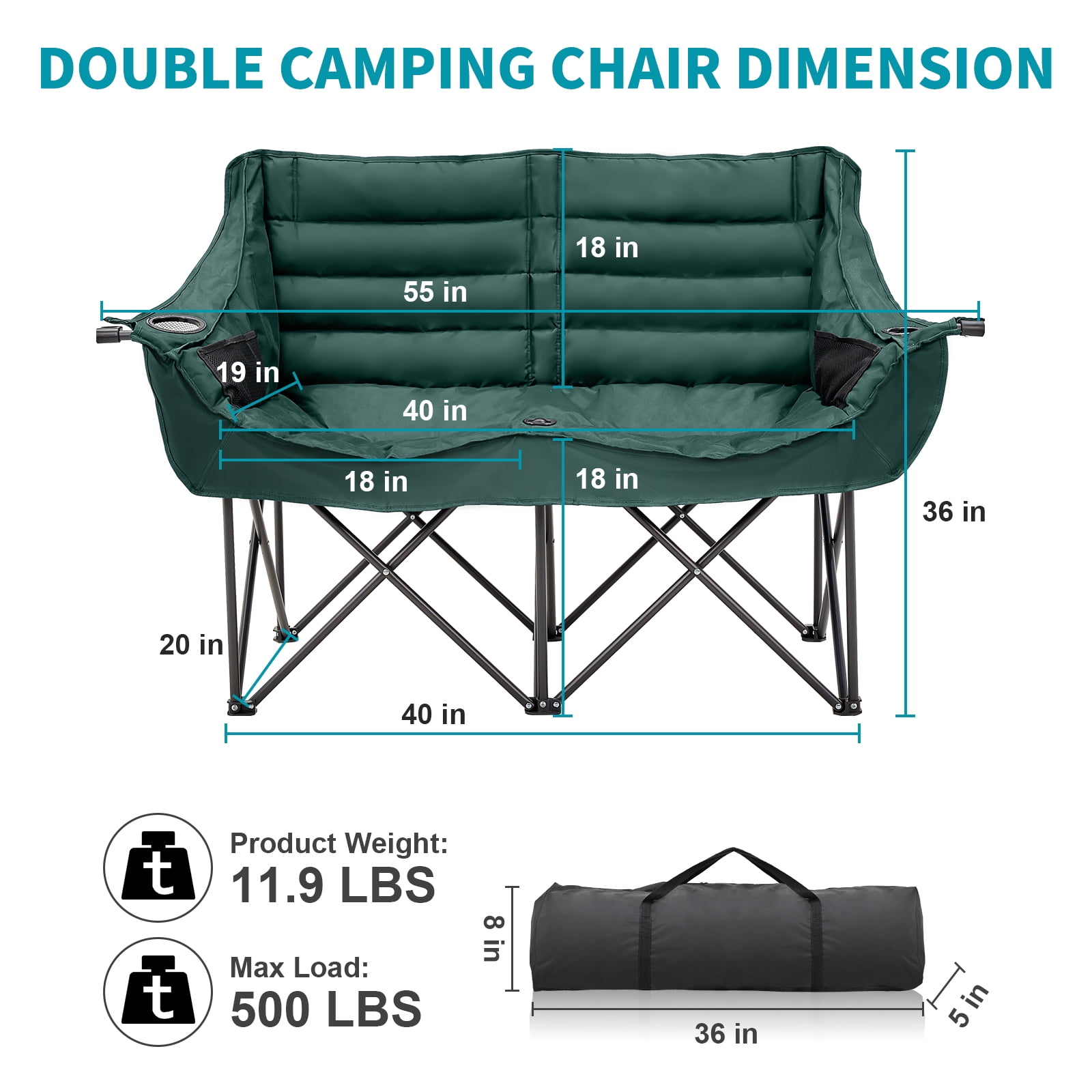 Slsy XXXL Oversized 2 Person Fully Padded Camping Chair, Folding Loveseat Camping Couch Double Camping Chairs Heavy Duty Portable Lawn Chair Patio Chair, Supports 990 LBS