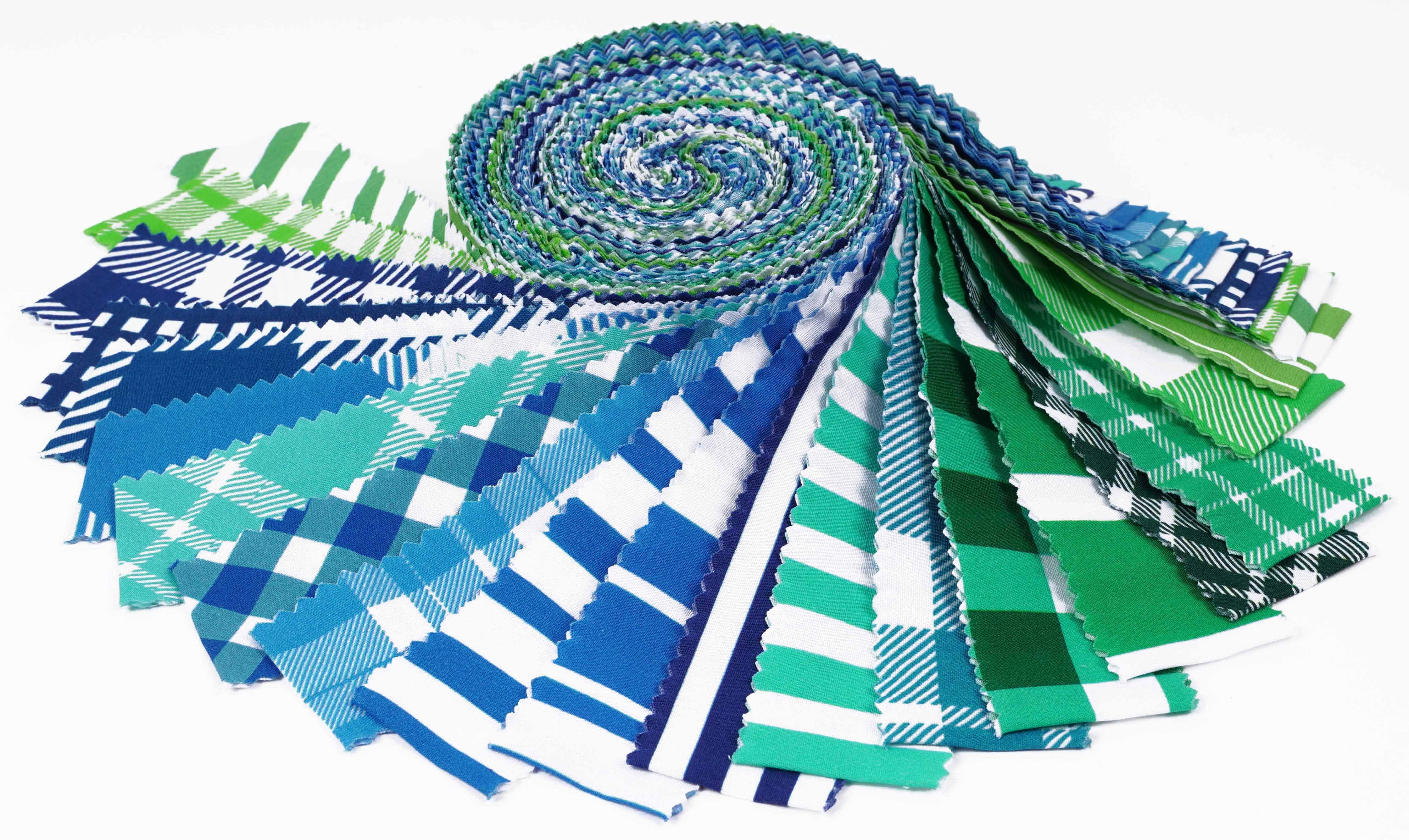 Soimoi 40Pcs Check & Tartan Print Precut Fabrics Strips Roll Up 1.5x42inches Cotton Jelly Rolls For Quilting - Blues & Greens