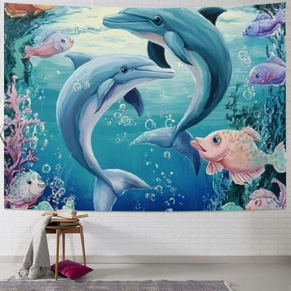 Sheronv Dolphins Fish Airbrush Painting Tapestry Wall Hanging Unique Style Home Wall Decor Art Living Room Bedroom Farmhouse Dorm 40x30inch