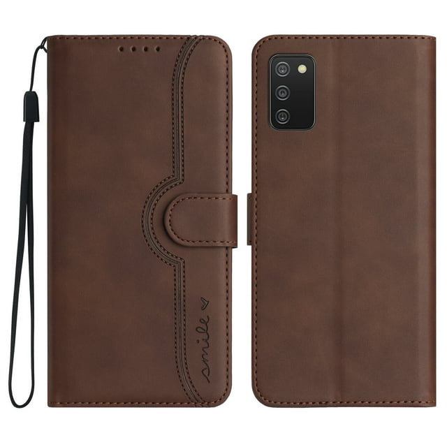 Compatible with Samsung Galaxy A02S Case Premium PU Leather Wallet with Built-in Magnet Cover. This brown PU leather folio flip case features a stylish design with precise stitching, a magnetic closure, and a wrist strap for convenience. It includes three card slots, a cash pocket, and full-body protection for the phone, safeguarding it against dust, dirt, and scratches. The case allows easy access to all phone functions, including the camera and microphone.