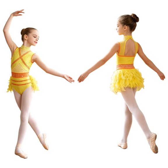 Aislor Girls Sleeveless Rhinestone Feather Skirted Leotard Gymnastics Ballet Latin Jazz Dancewear Bright Yellow 8