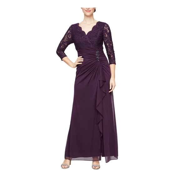 ALEX EVENINGS Womens Purple Zippered Scalloped Lined Ruffled Sheer Embellished Floral 3/4 Sleeve V Neck Full-Length Evening Gown Dress 4