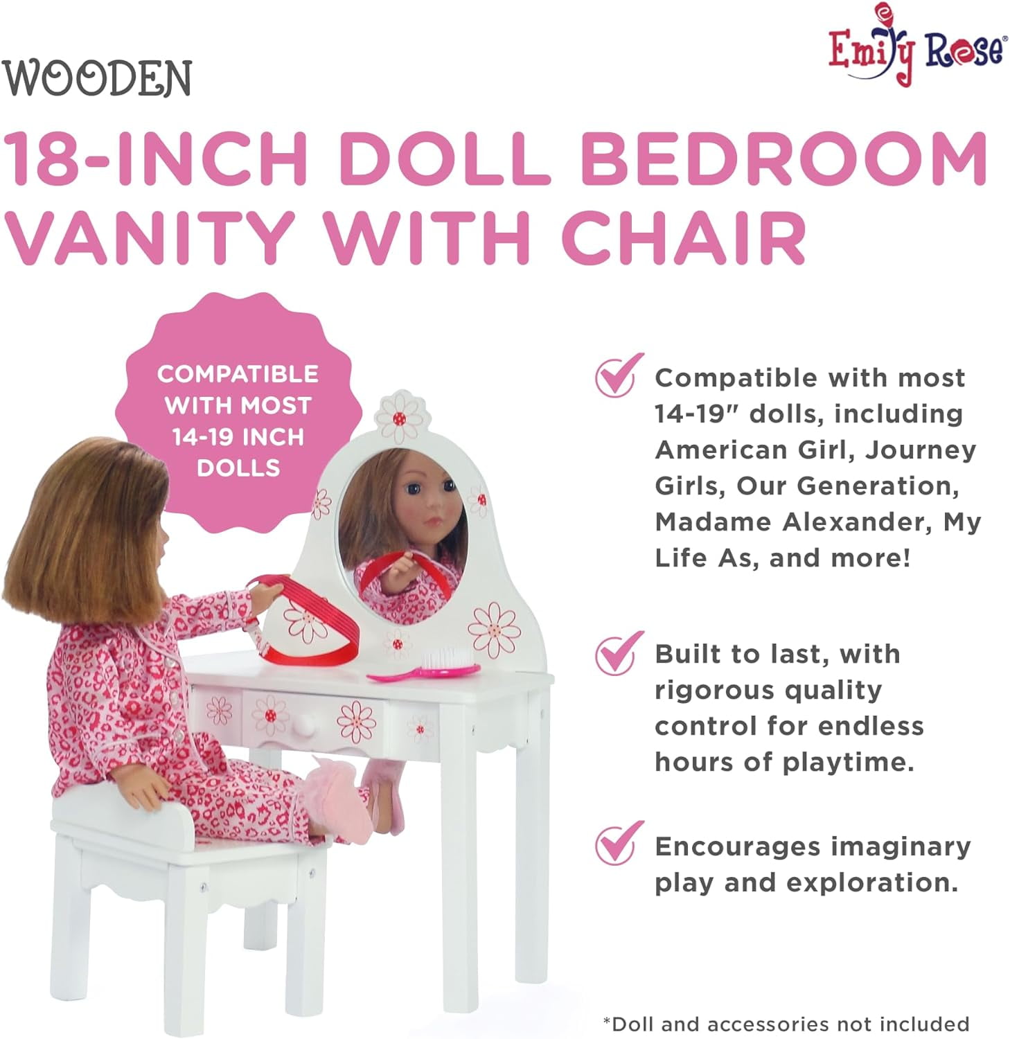Emily Rose 18-inch Doll Bedroom Vanity with Chair - Floral Collection Compatible with American Girl Dolls
