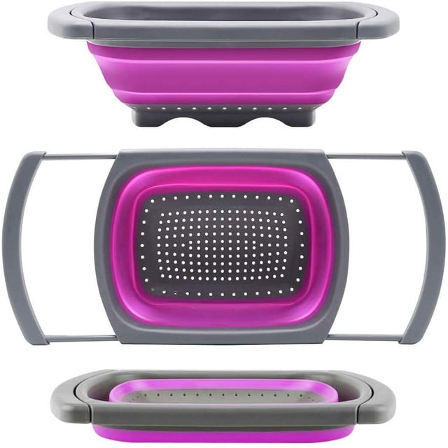 LAICAIW Qimh Collapsible Colander, Kitchen Colander Set Over Sink Strainer Veggies/Fruit Colanders Strainers with Extendable Handles, Dishwasher Safe Folding Strainer for Kitchen, 6-Quart, BPA Free