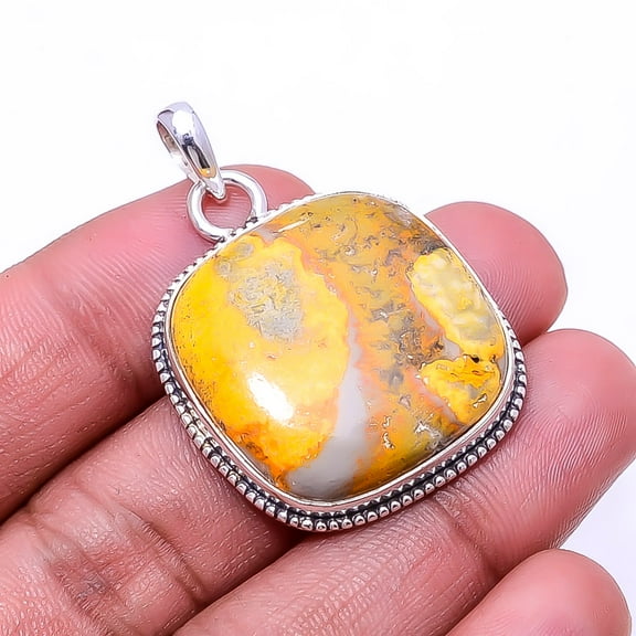 Bumble Bee Jasper -Indonesia 925 Silver Plated Bali Pendant 1.56", Yellow Bumble Bee Jasper Pendant P_8032_327_57