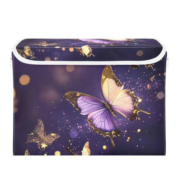 Purple Gold Butterflies Foldable Storage Bin with Lid and Handle Collapsible Storage Box 16.5 x 12.6 x 11.8 inches