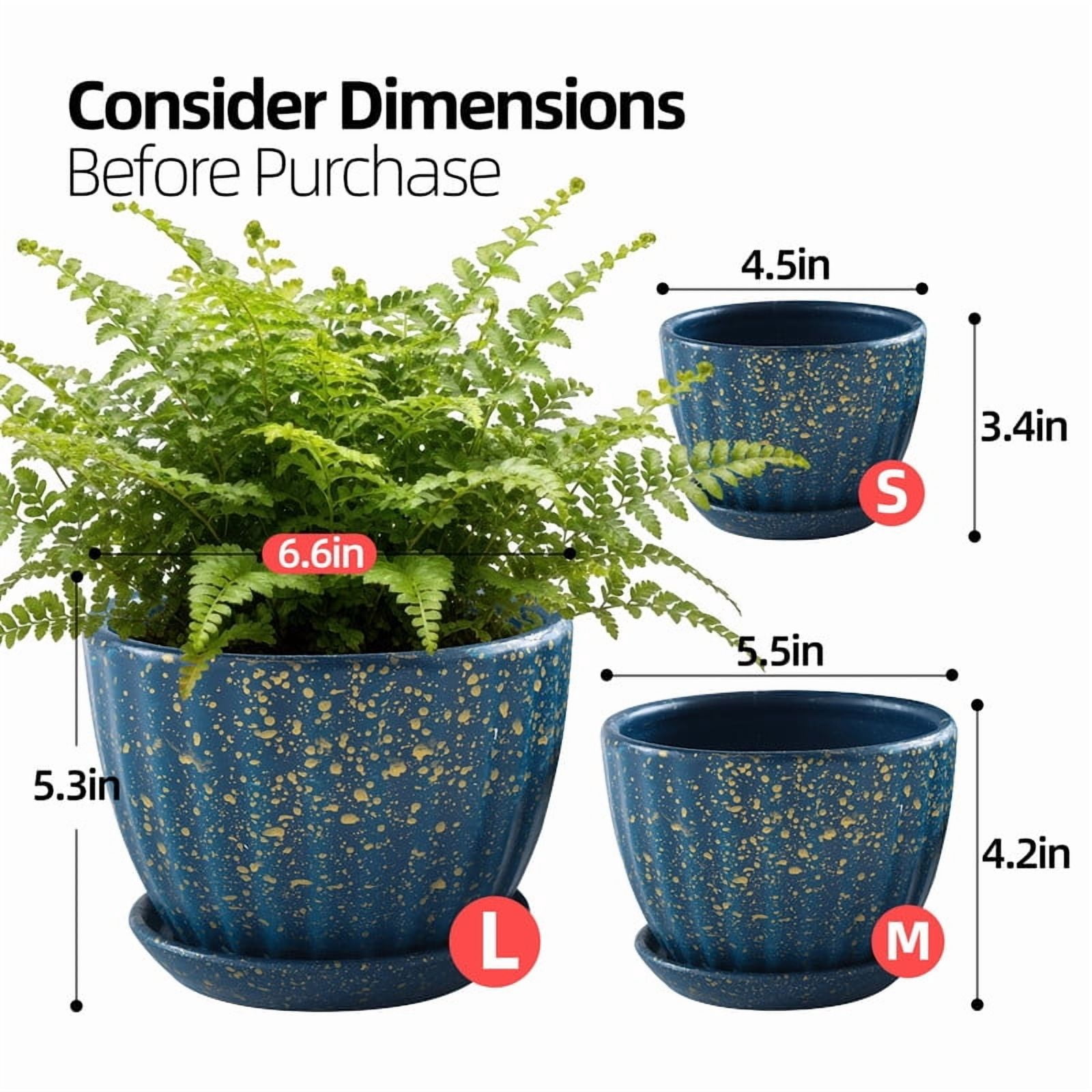 Ceramic Plant Pots with Drainage Holes and Saucers, Round Blue Flower Pots for Indoor Plant, Diameter 4.5/5.5/6.6 Inches Small Mini Flower Planters Set of 3