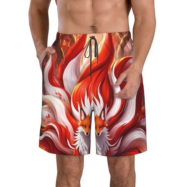 Balery Red Sun Flame Fox Traje de Baño Estilo Hawaiano para Hombre, Shorts de Secado Rápido con Bolsillos-Medium