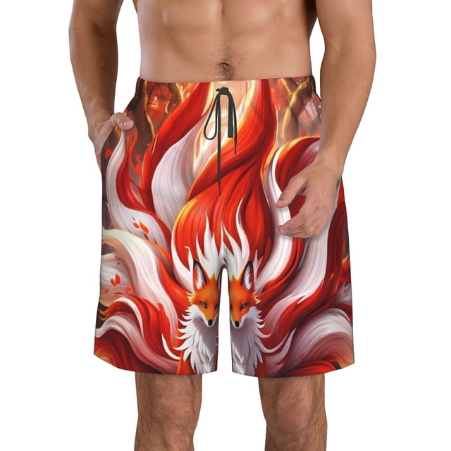 Balery Red Sun Flame Fox Traje de Baño Estilo Hawaiano para Hombre, Shorts de Secado Rápido con Bolsillos-Medium