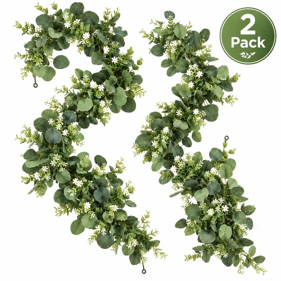 Qissep 2 Pcs Artificial Eucalyptus Garland with Flowers, Hanging Plants, Faux Silver Dollar Eucalyptus Greenery Garland Vines for Home Wedding Party Wall Decor,5.91 ft