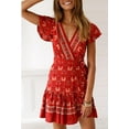 thumbnail image 5 of Femmes Manches Courtes Wrap Boho Floral Mini Robe Dames V-Cou Taille Haute Rétro Jupe de Plage, 5 of 5