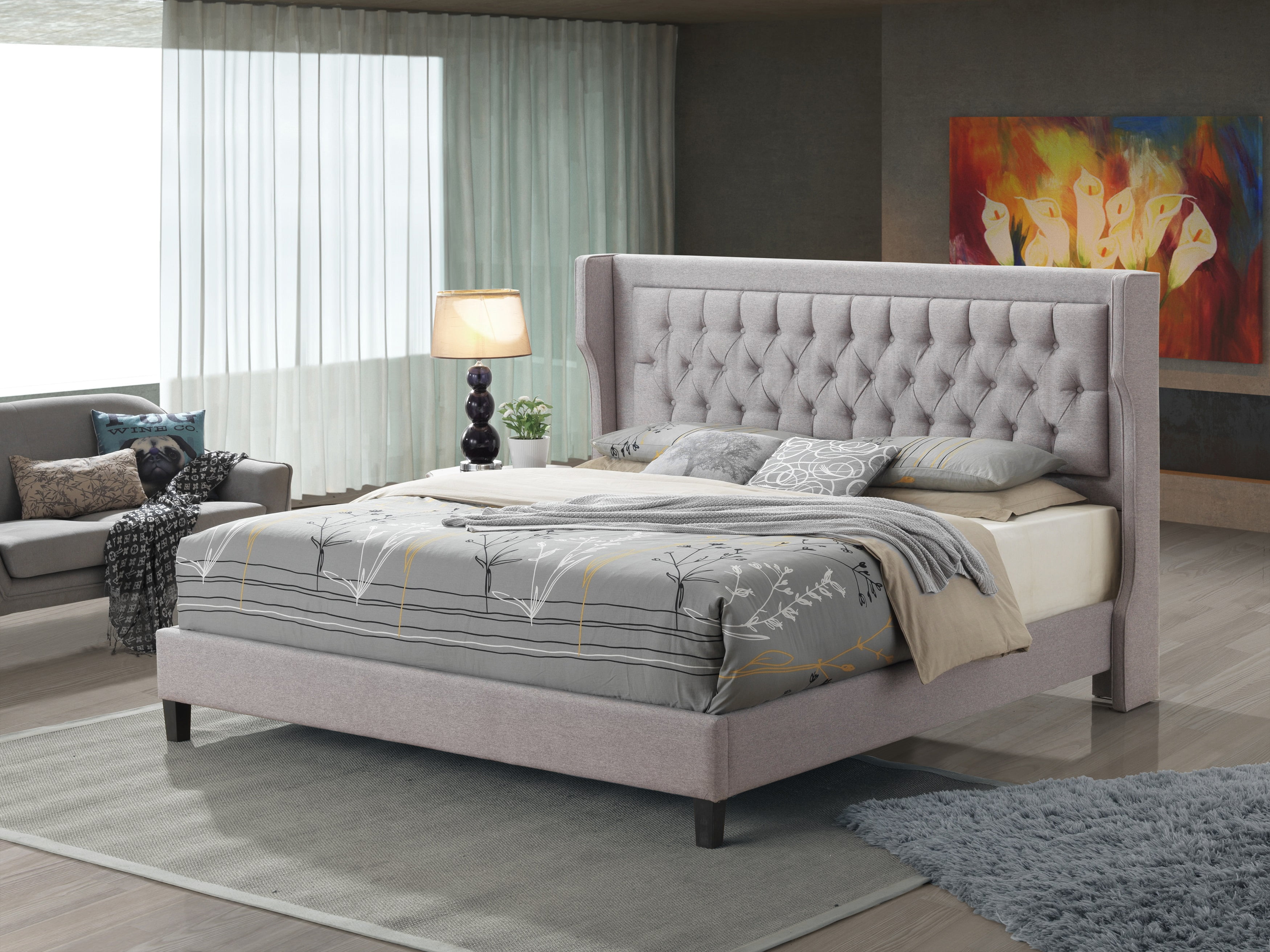 Brighton King Size Diamond Tufted Upholstered Platform Bed In Gray Fabric 