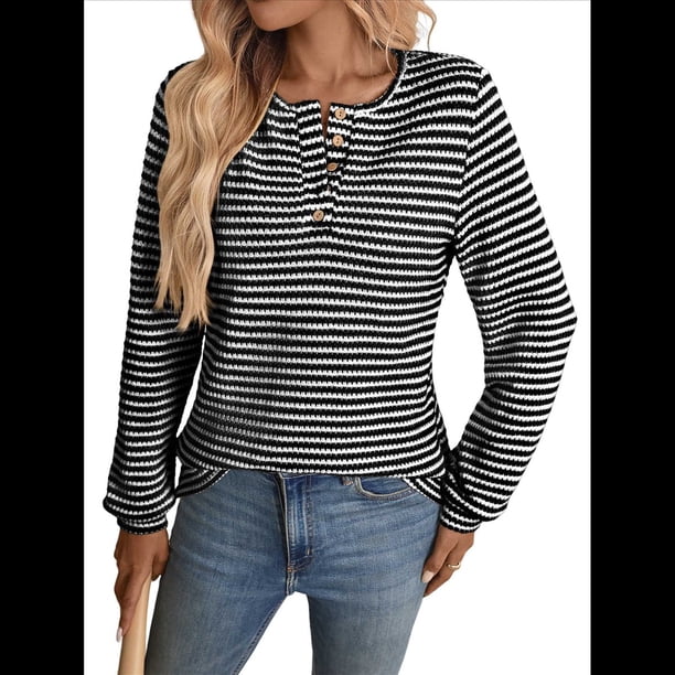 Camiseta Informal de Punto de Larga con Cuello Redondo y Botones A Rayas para Mujer Negro M