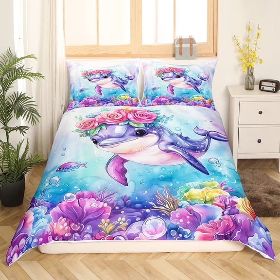 Erosebridal Cartoon Dolphin Comforter Cover Twin,Blue Pink Bedding Twin Size,Ocean Theme Decor,3Pcs