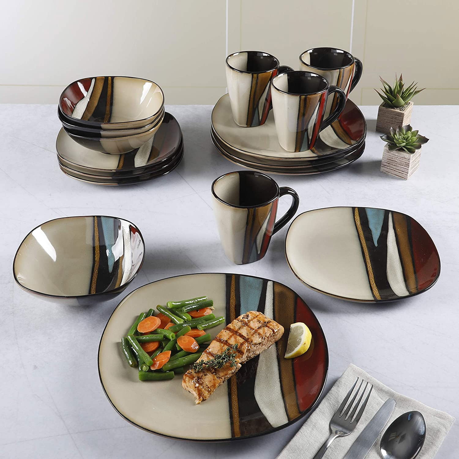 Gibson Elite Althea 16 Pc Plates, Bowls, & Mugs Dinnerware Set, Multicolor