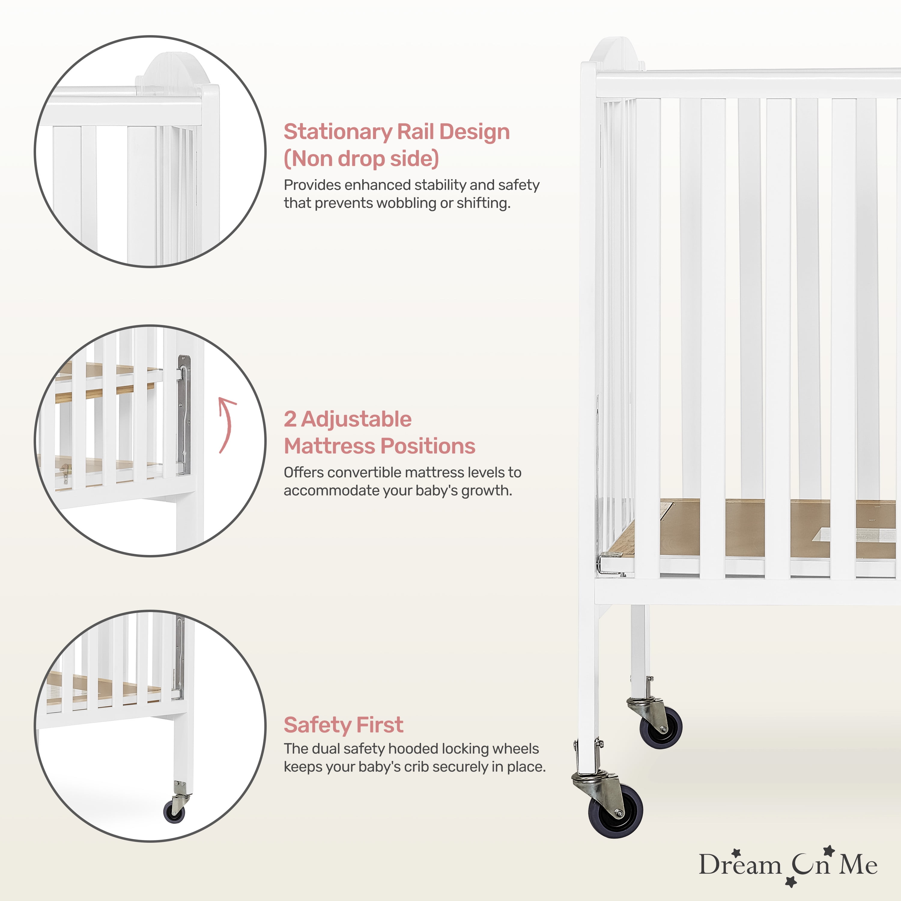 Dream On Me Folding Full Size Convenience Crib In White Two Adjustable Mattress Height Positions Comes With Heavy Duty Locking Wheels Flat Folding Crib White 1 Count Pack of 1 Walmart