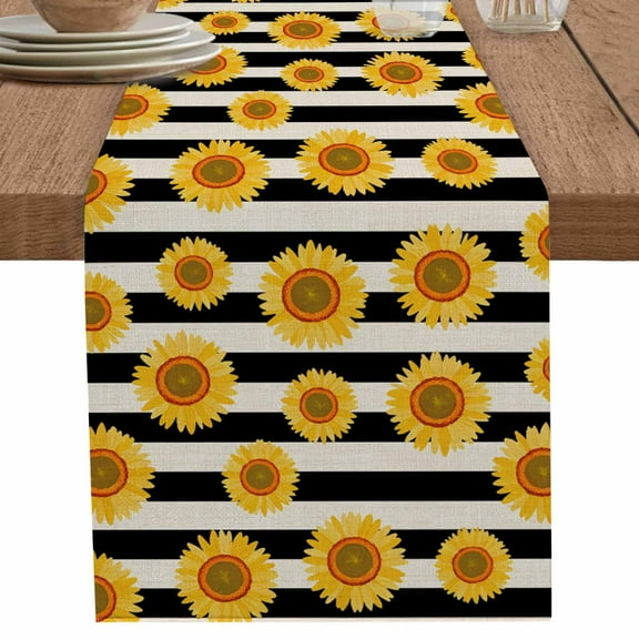 Country Sunflower on Vintage Table Runner-70 Inch Long Beige Black Stripes Table Runners Linen Burlap Tablerunner for Kitchen Dining Room Holiday Party