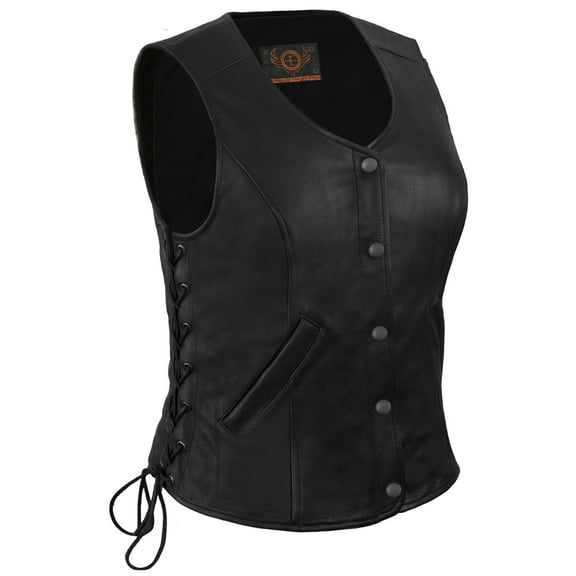 True Element Women's Longer Length Leather Vest With Side Laces (Black, Size L)